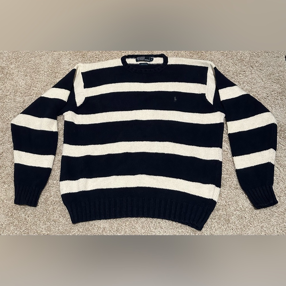 Vintage Polo Ralph Lauren 100% Cotton Navy Jail Bird Prison Stripes Sweater Lg